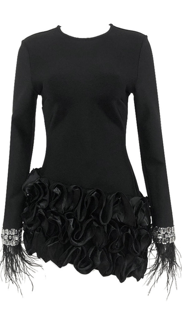 AIIZIE RHINESTONE - FEATHER RUFFLE - HEM LONG - SLEEVE MINI DRESS IN BLACK - product image