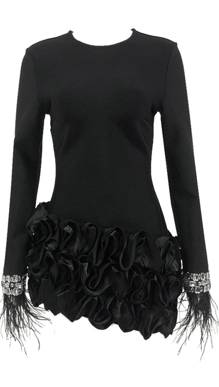 RHINESTONE - FEATHER RUFFLE - HEM LONG - SLEEVE MINI DRESS IN  BLACK