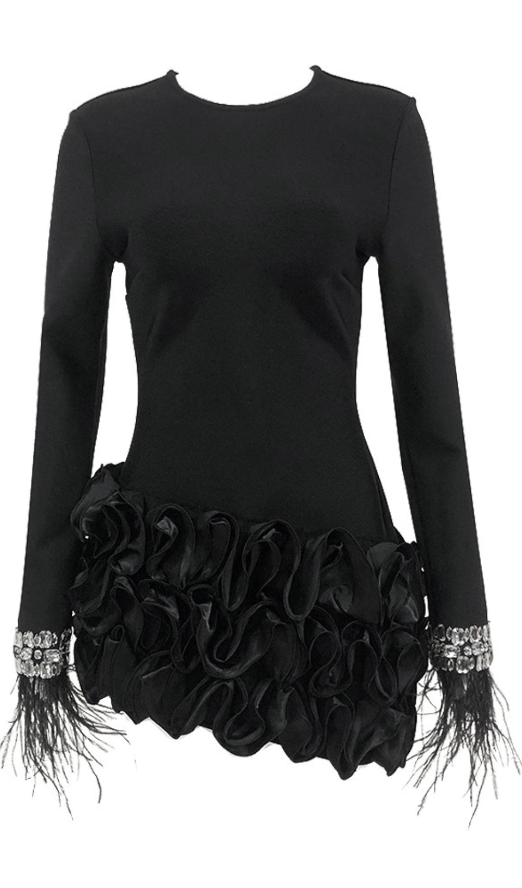 RHINESTONE - FEATHER RUFFLE - HEM LONG - SLEEVE MINI DRESS IN  BLACK