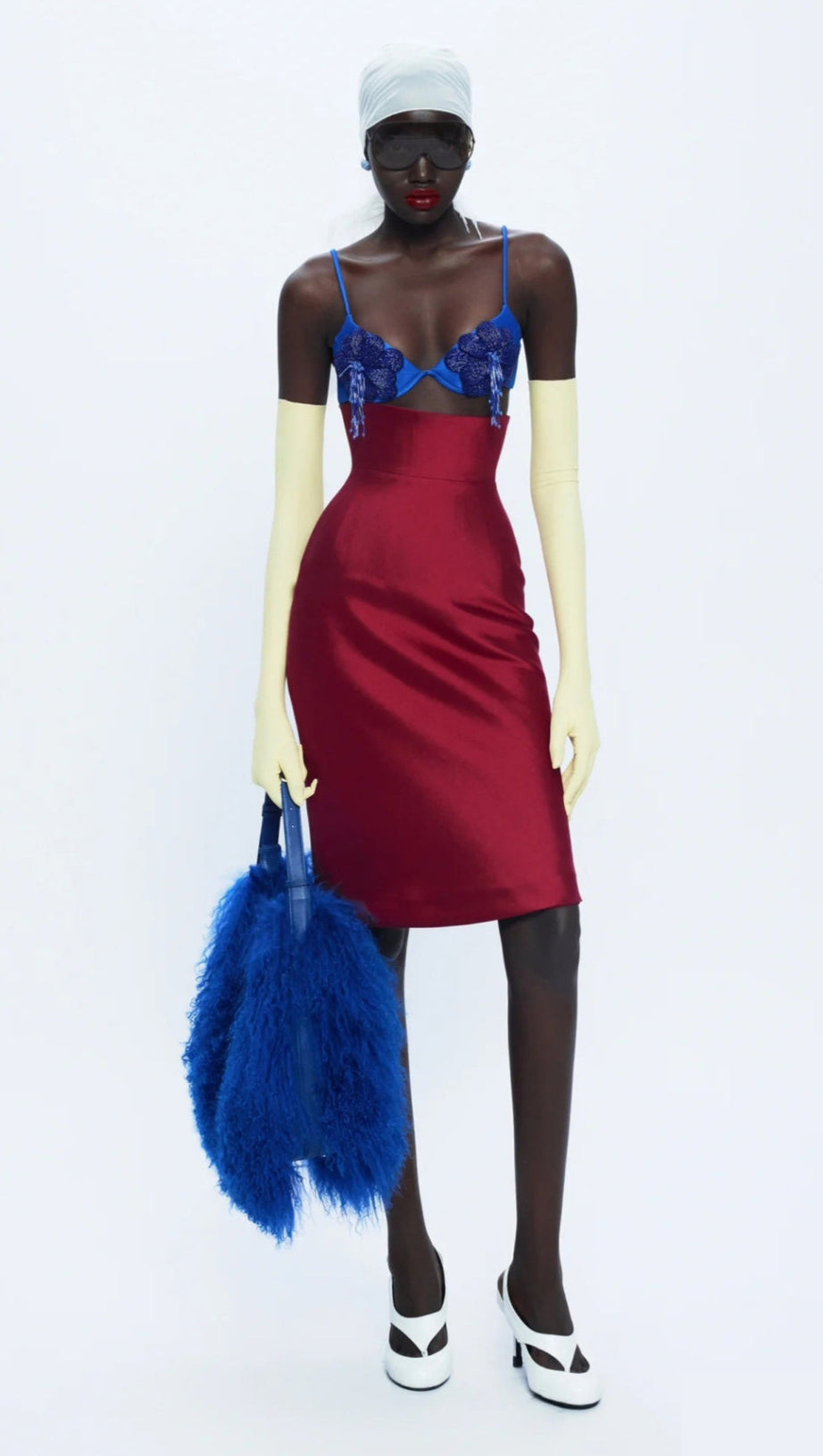BLUE LACE BRALETTE AND RED SATIN PENCIL SKIRT SET