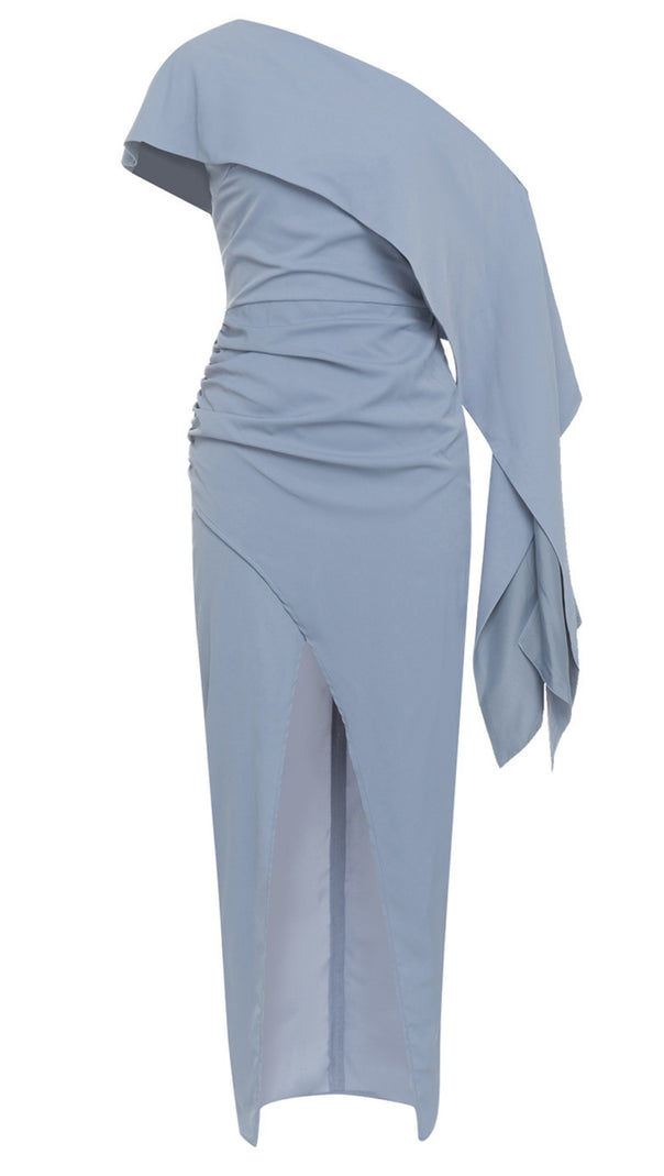 AIIZIE ONE - SHOULDER RUCHED ASYMMETRIC WRAP MIDI DRESS IN NAVY BLUE - product image
