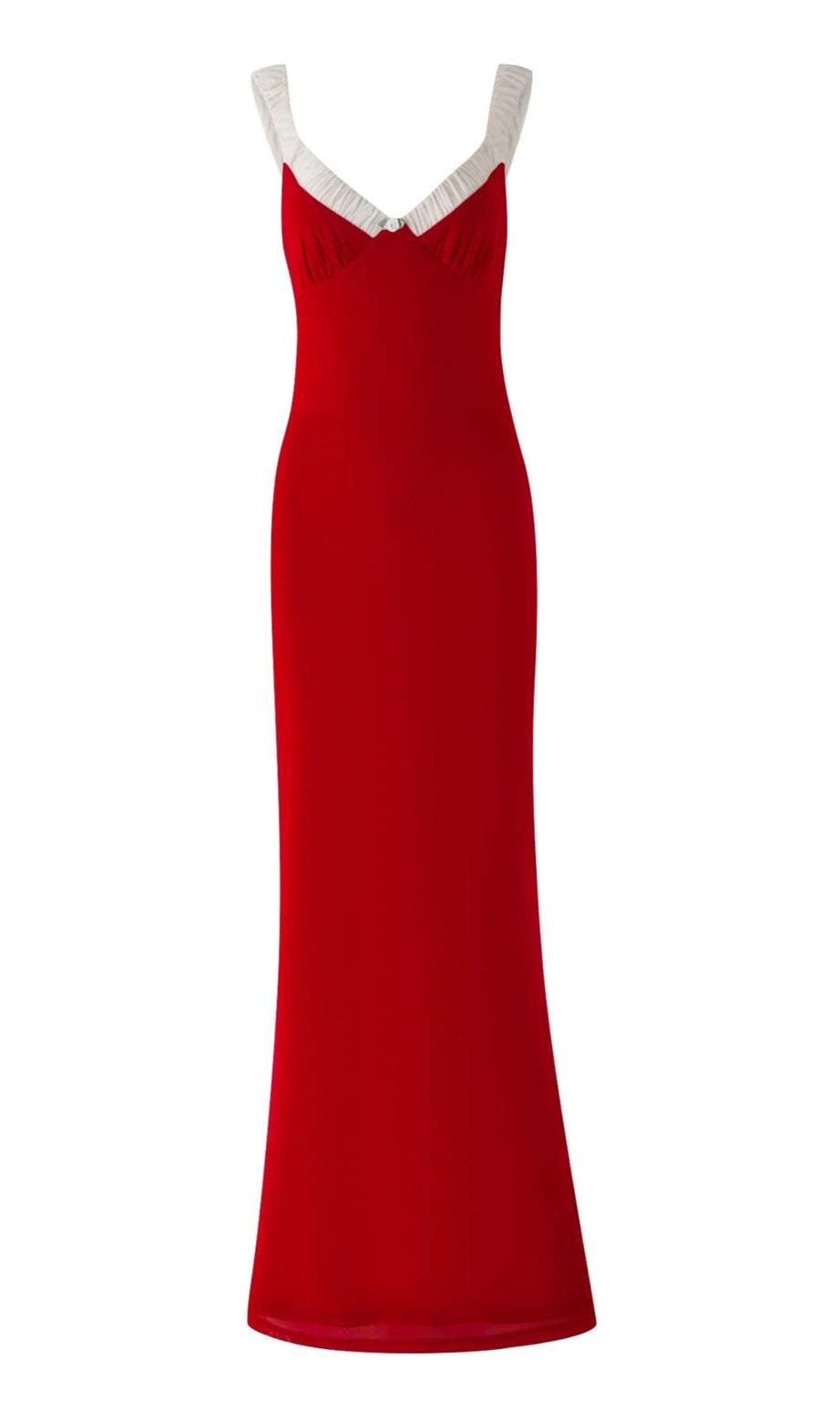 red Bustier maxi dress with a v-neckline