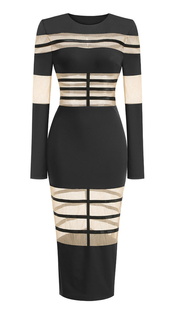 AIIZIE BLACK MESH - PANELED LONG - SLEEVE BODYCON MIDI DRESS - product image