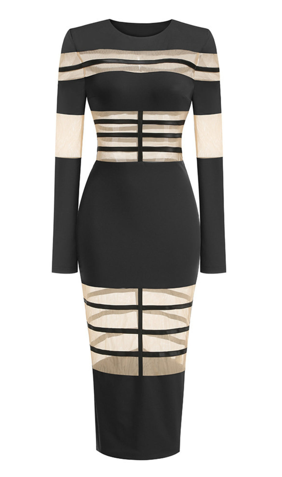 Black Mesh - Paneled Long - Sleeve Bodycon Midi Dress