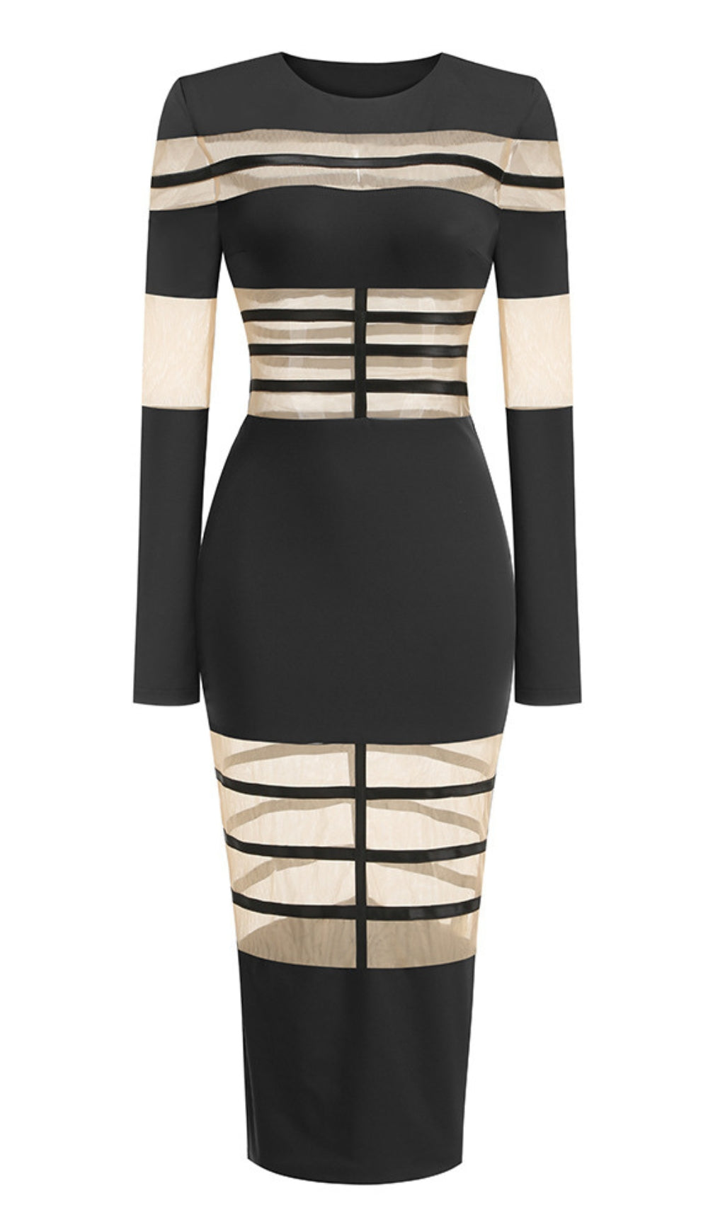 ABITO MIDI ADERENTE A MANICHE LUNGHE CON PANNELLI IN RETE NERA