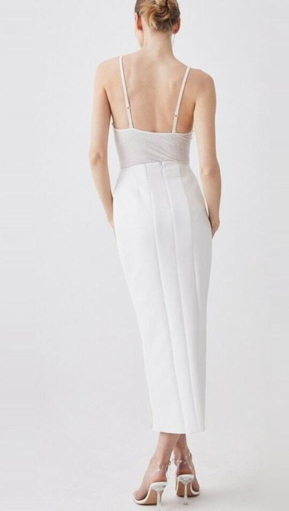 MESH - PANELED SPAGHETTI - STRAP SIDE - SLIT MIDI DRESS IN WHITE