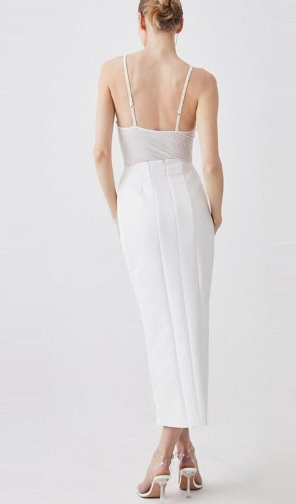 MESH - PANELED SPAGHETTI - STRAP SIDE - SLIT MIDI DRESS IN WHITE