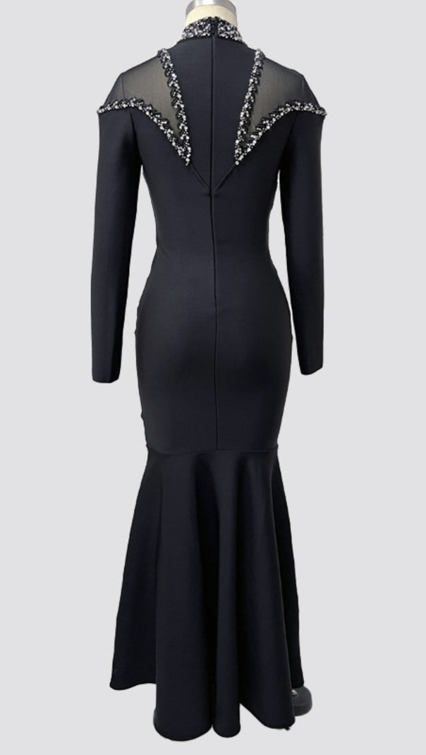 AIIZIE MOCK NECK BEADED MERMAID MAXI DRESS IN BLACK - product image