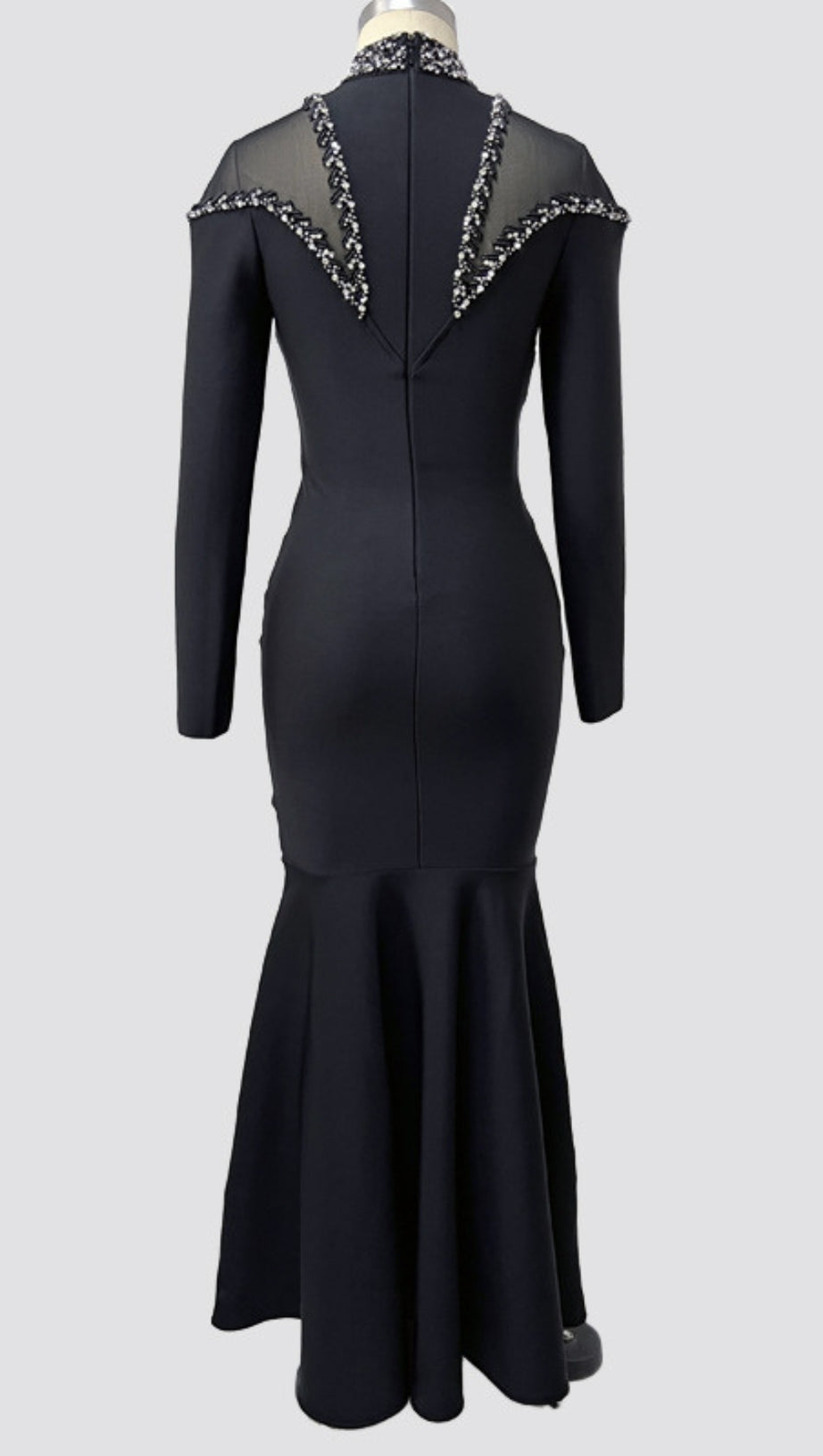 MOCK NECK BEADED MERMAID MAXI DRESS IN BLACK