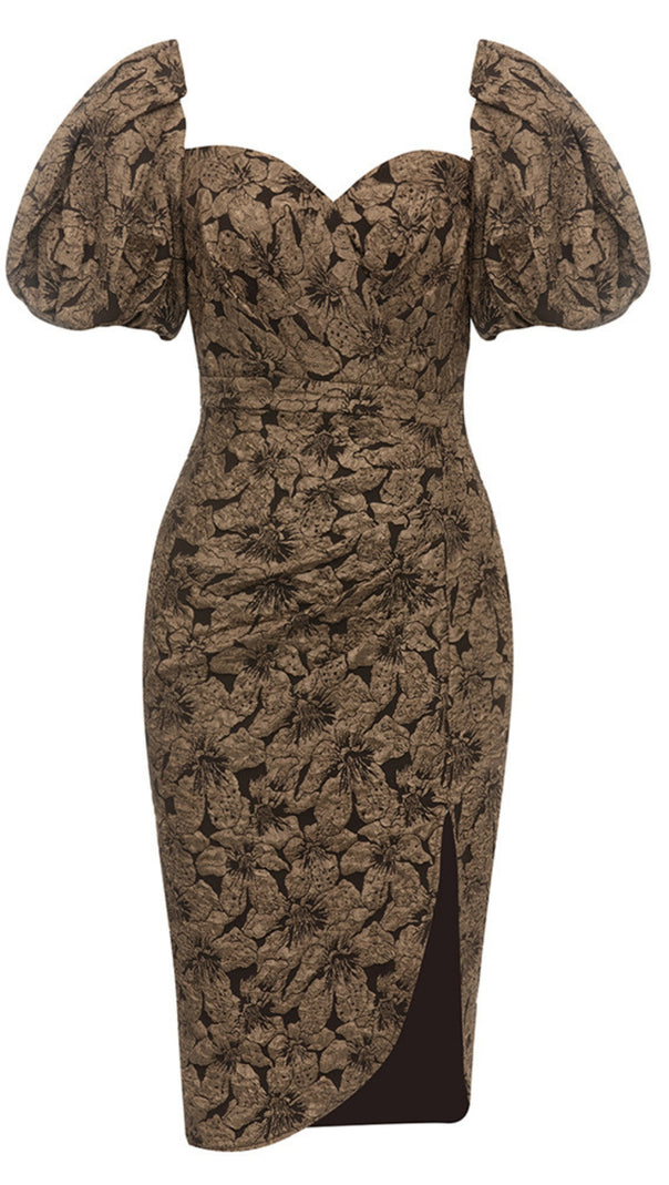 AIIZIE FLORAL - JACQUARD PUFF - SLEEVE SLIT MIDI DRESS IN BROWN - product image
