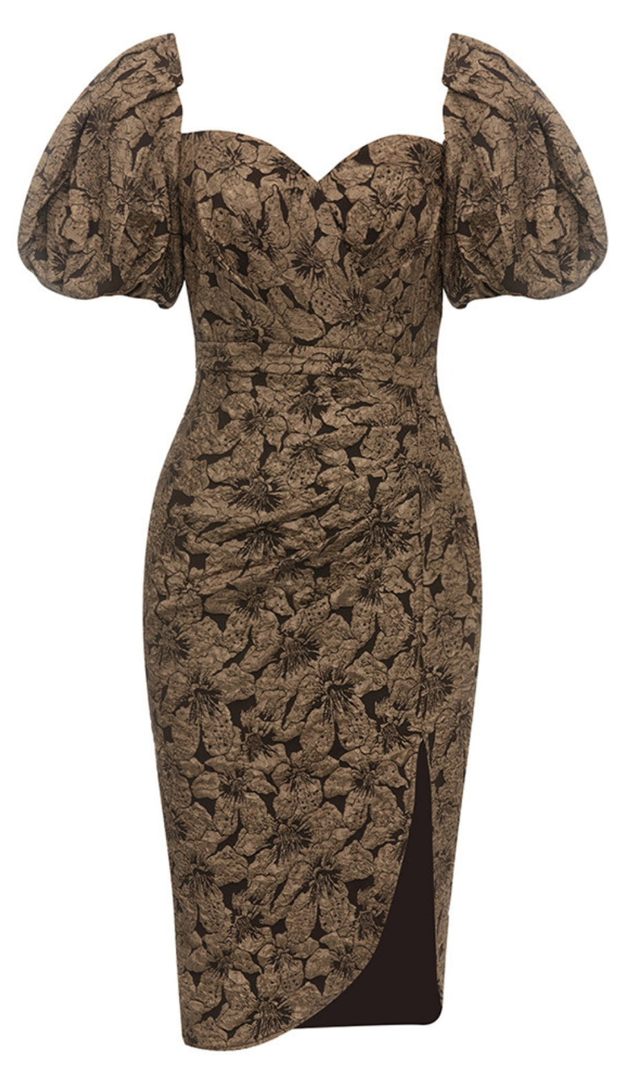 Floral - Jacquard Puff - Sleeve Slit Midi Dress in Brown