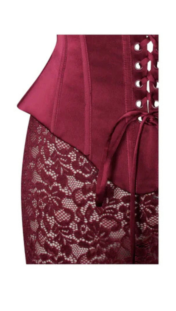 AIIZIE BURGUNDY SATIN LACE CORSET MAXI DRESS - product image