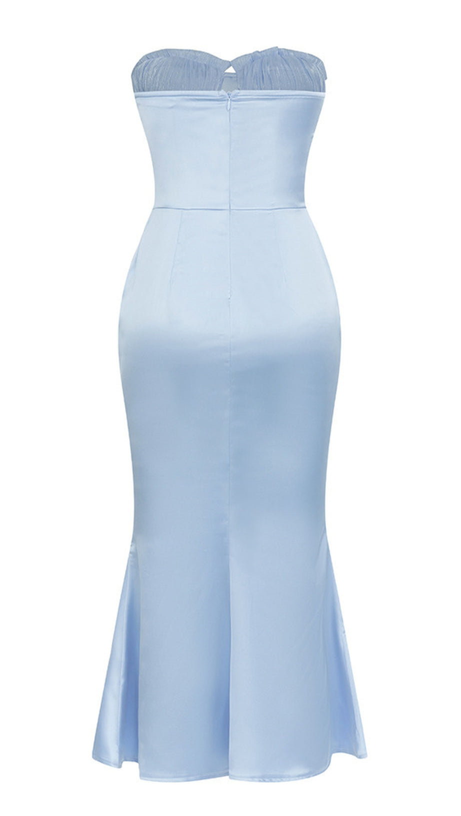 STRAPLESS SATIN MERMAID MIDI DRESS IN BLUE