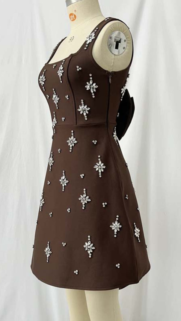 AIIZIE SQUARE NECK RHINESTONE EMBELLISHED MINI DRESS IN BROWN - product image