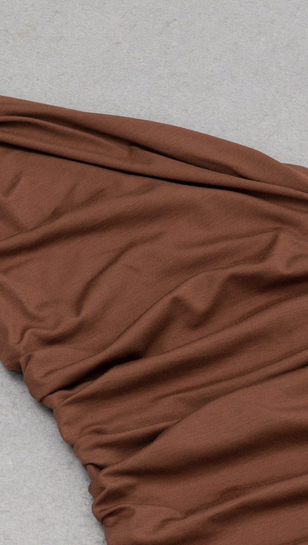 AIIZIE ONE - SHOULDER RUCHED MIDI DRESS IN BROWN - product image