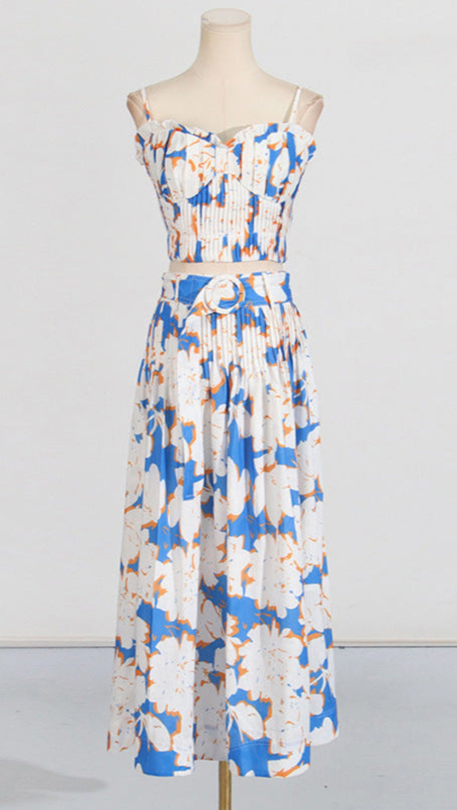 Plissiertes Bustier-Top-Rock-Set aus Leinen mit Blumenmuster in Blau