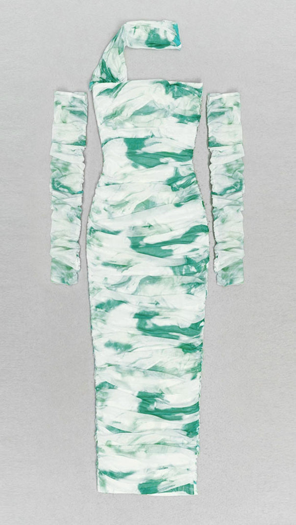 AIIZIE TIE - DYE ONE - SHOULDER RUCHED MIDI DRESS IN BEIGE AND GREEN - product image