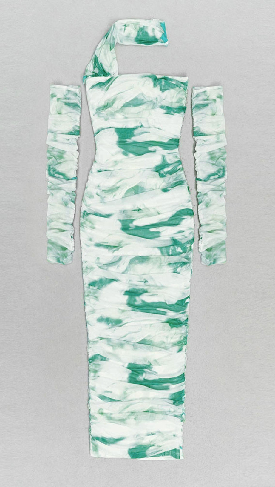 Tie-Dye One-Shoulder-Midikleid mit Rüschen in Beige und Grün