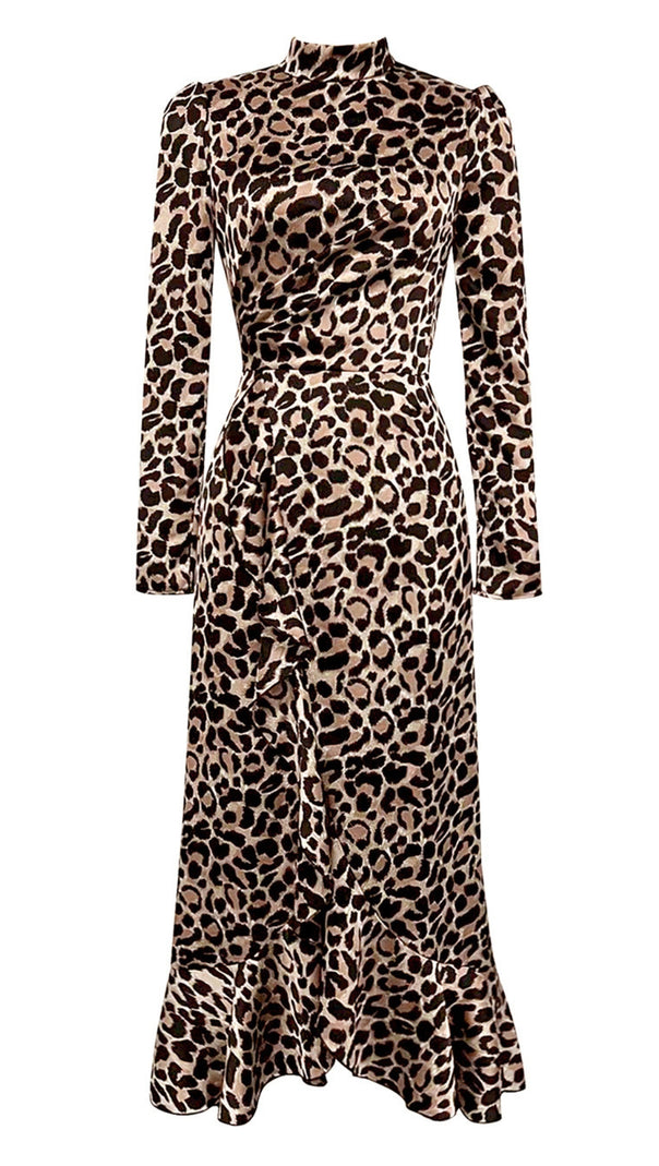 AIIZIE BROWN LEOPARD - PRINT MANDARIN COLLAR LONG - FIT RUFFLED MIDI DRESS - product image