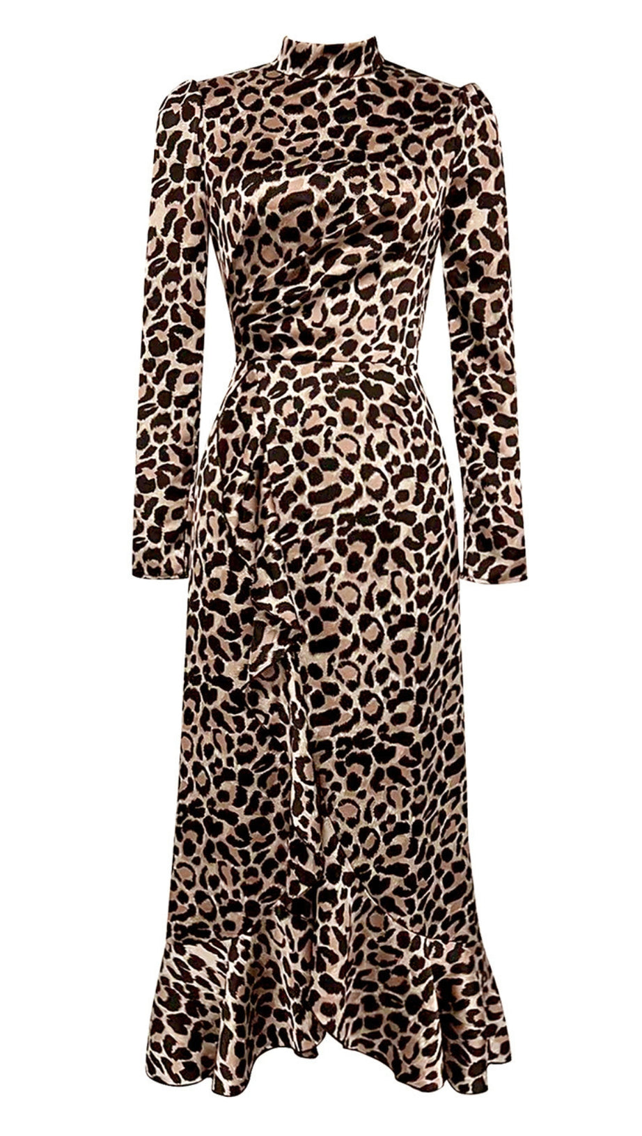 BROWN LEOPARD - PRINT MANDARIN COLLAR LONG  - FIT RUFFLED MIDI DRESS