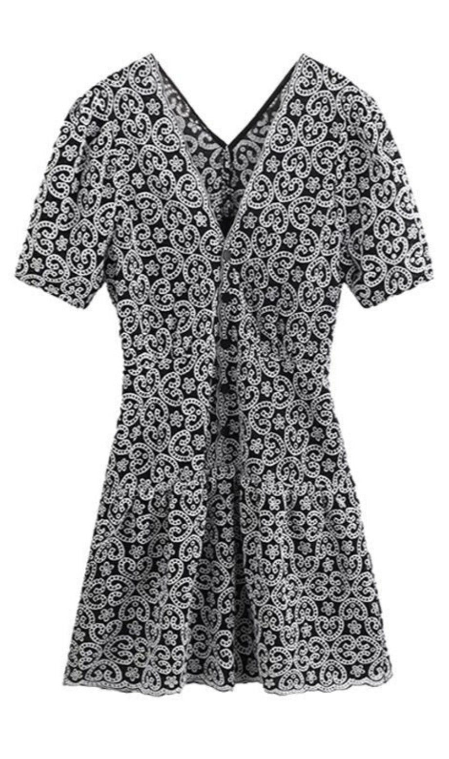 black v-neckline Guipure Mini Dress