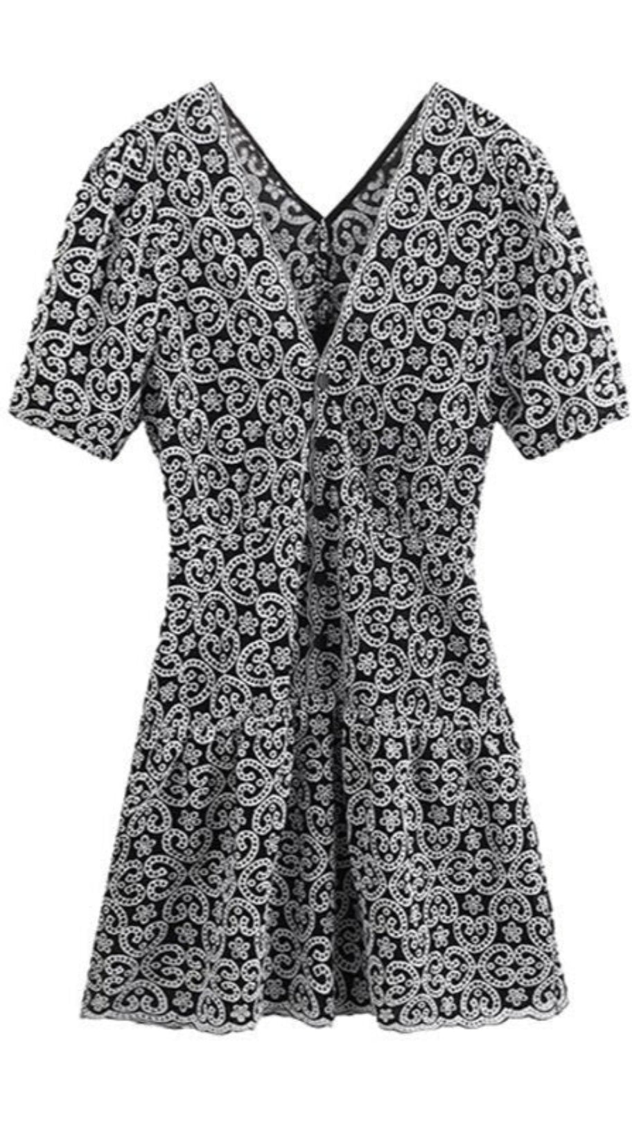 BLACK V-NECKLINE GUIPURE MINI DRESS