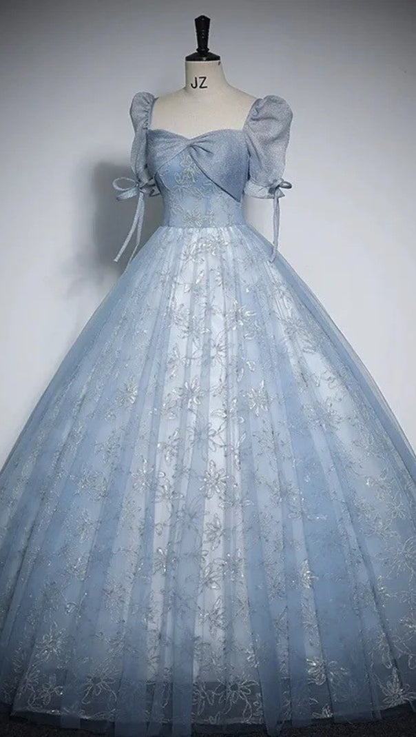 AIIZIE DUSTY BLUE FLORAL TULLE BALL GOWN PUFF SLEEVE PRINCESS DRESS - product image