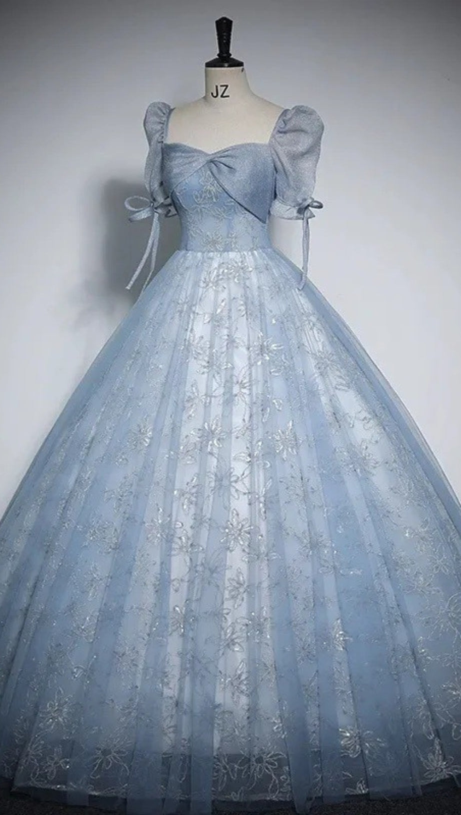 DUSTY BLUE FLORAL TULLE BALL GOWN PUFF SLEEVE PRINCESS DRESS