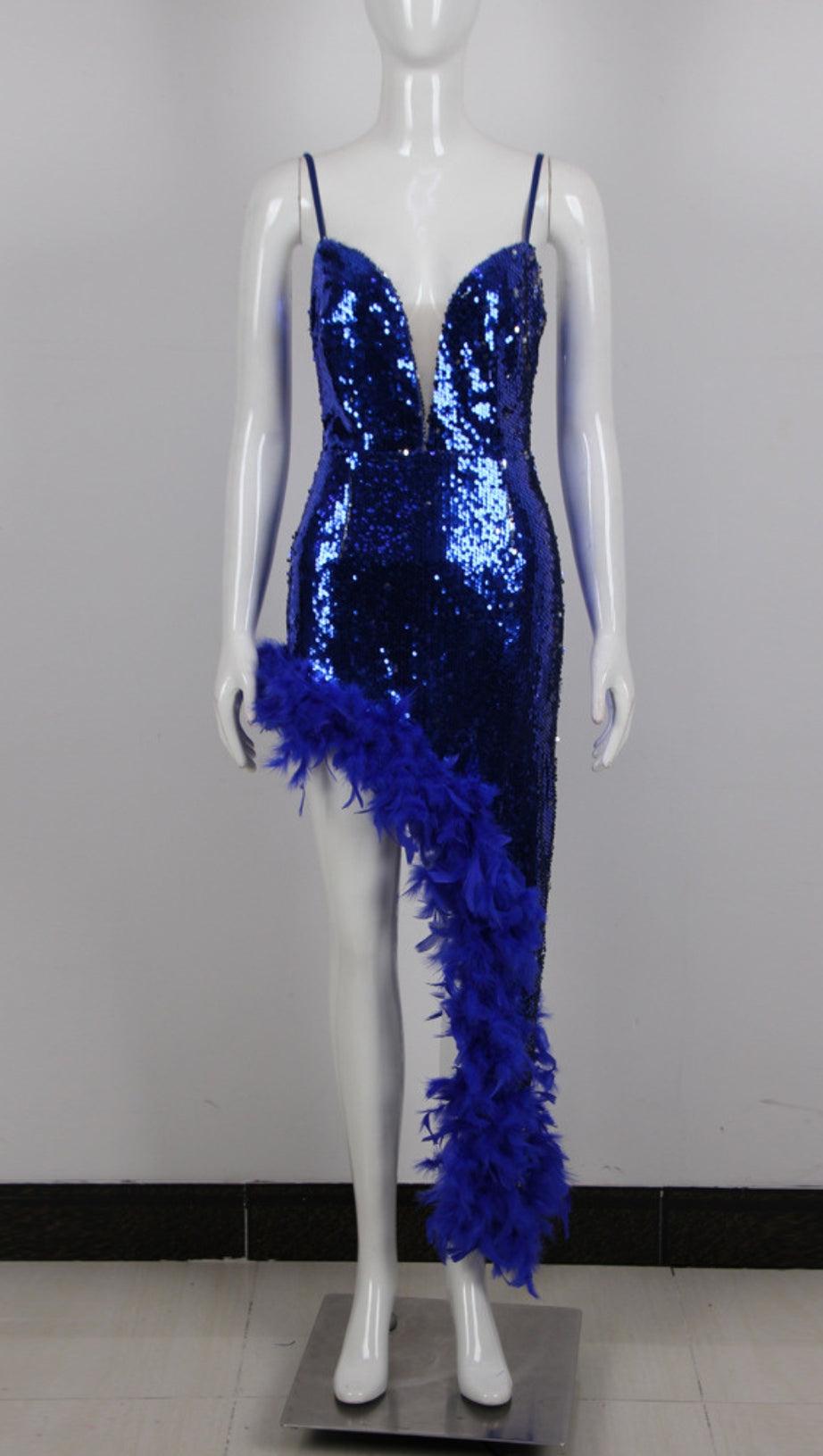 SEQUIN FEATHER - TRIMMED DEEP - V MIDI DRESS IN BLUE