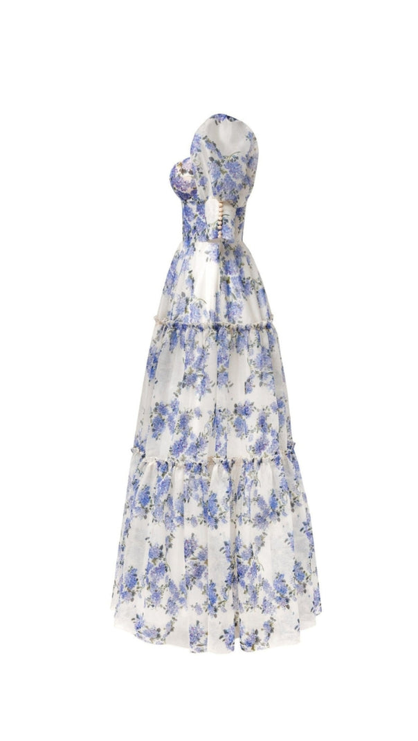 AIIZIE HYDRANGEA PRINT VOLUMINOUS SLEEVES MAXI DRESS IN BLUE - product image