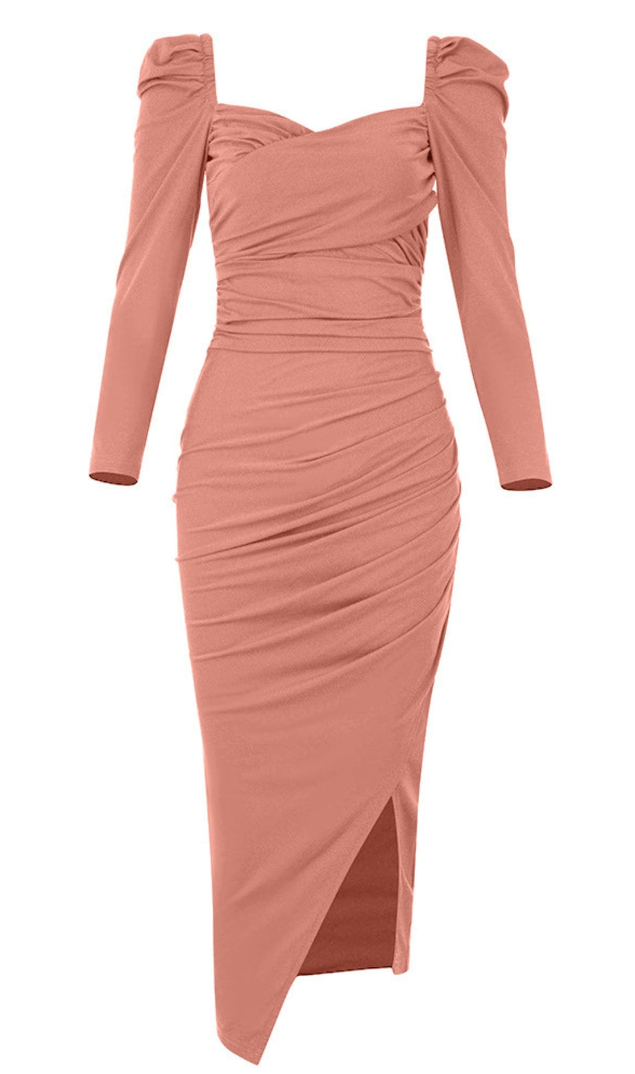 Square - Neck Puff - Sleeve Ruched Slit Midi Dress in Pink