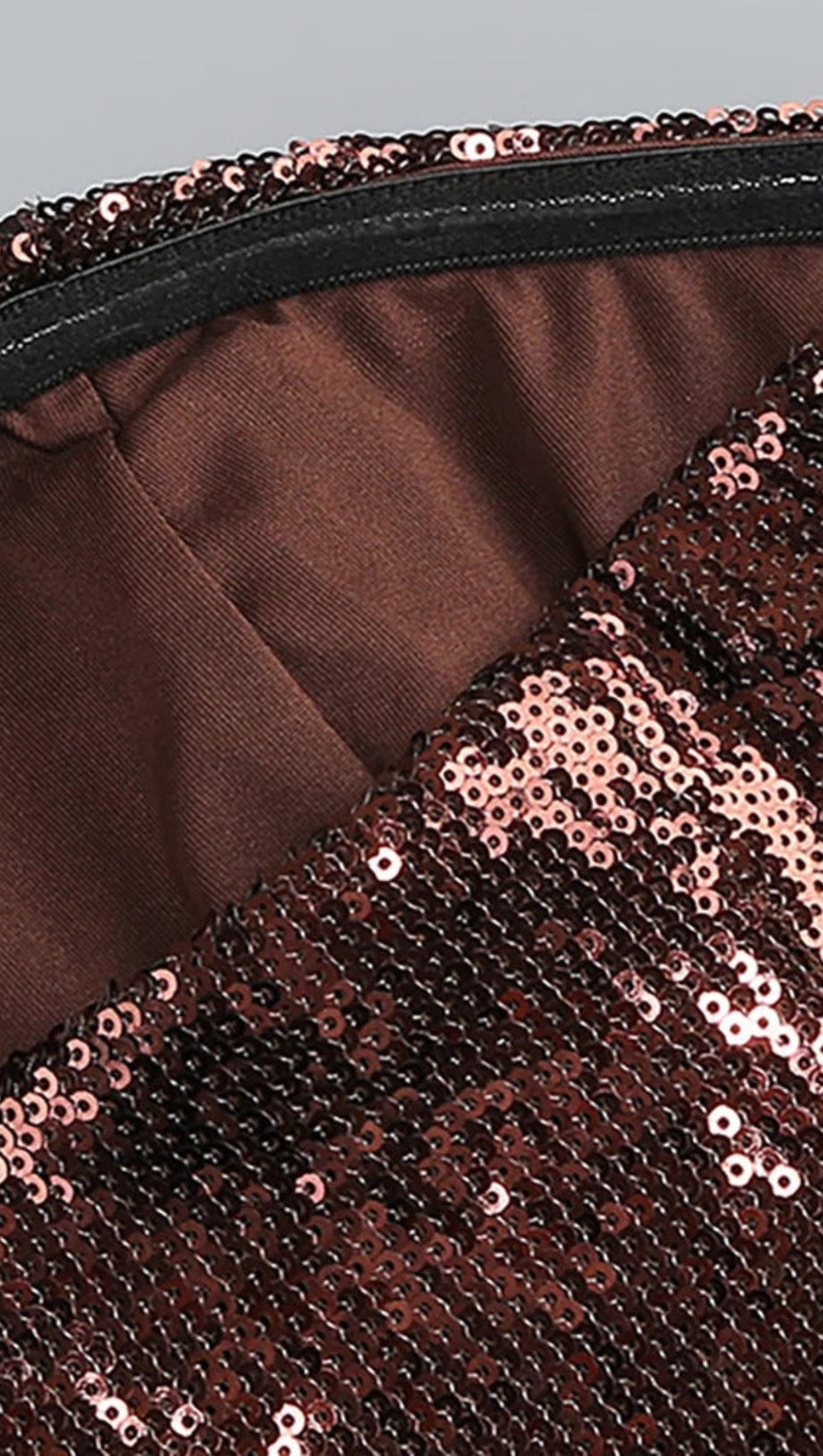 STRAPLESS SEQUIN BUBBLE MINI DRESS IN BROWN