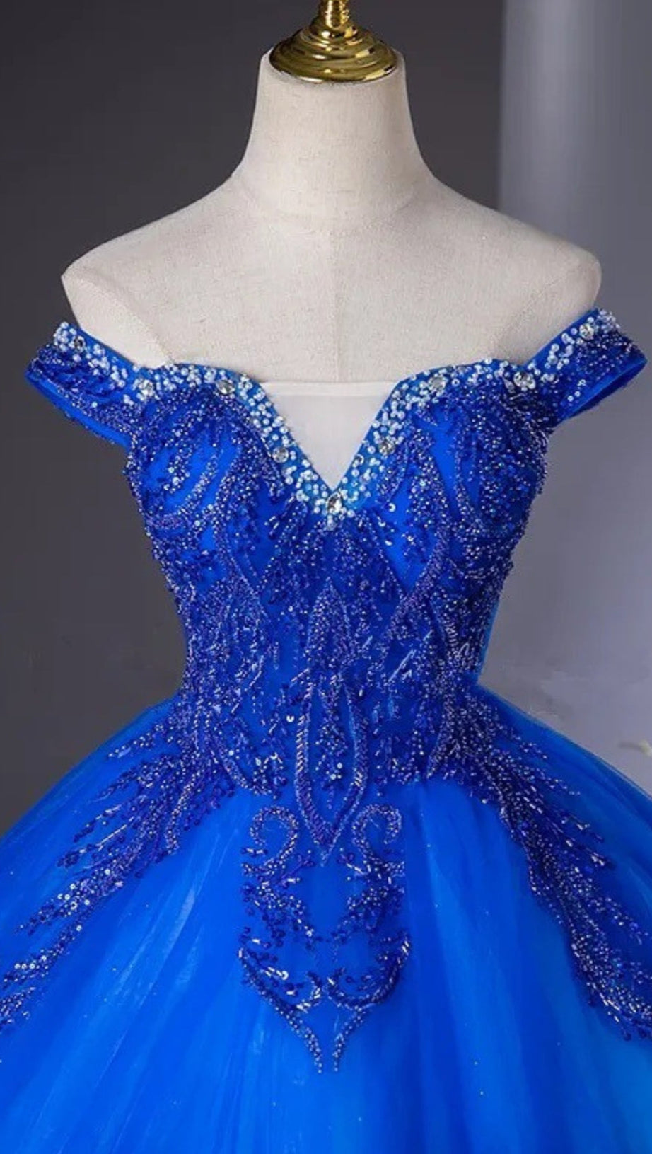 ROYAL BLUE BEADED CORSET BALL GOWN OFF SHOULDER PRINCESS