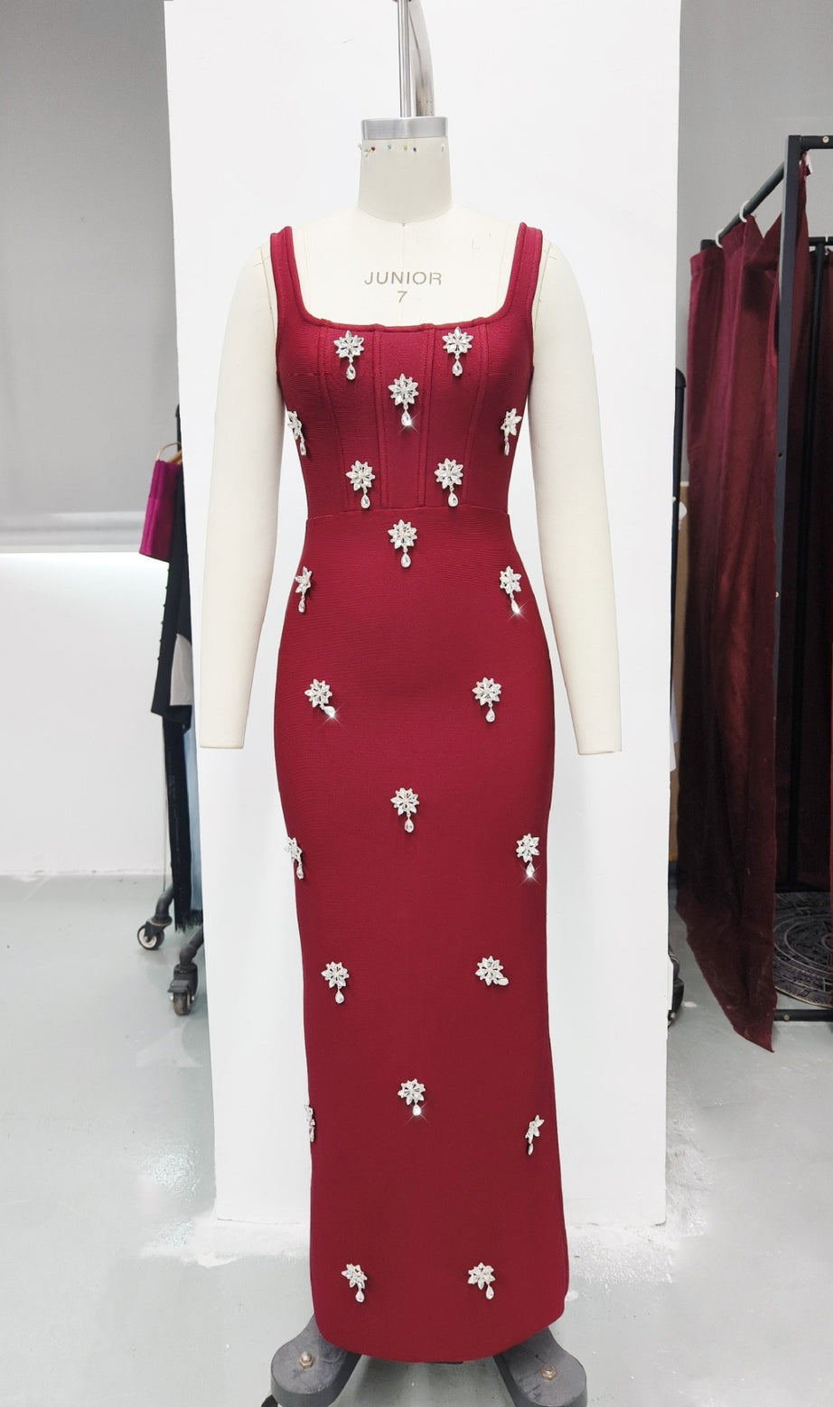 RED SLEEVELESS SQUARE NECK DIAMANTE BANDAGE MAXI DRESS