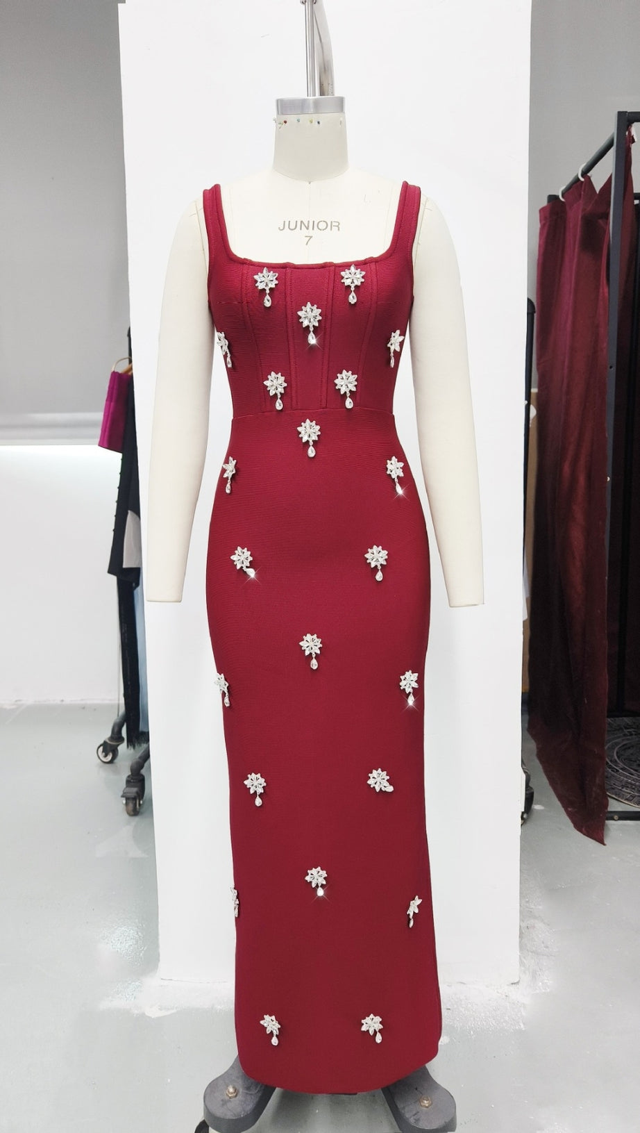 RED SLEEVELESS SQUARE NECK DIAMANTE BANDAGE MAXI DRESS