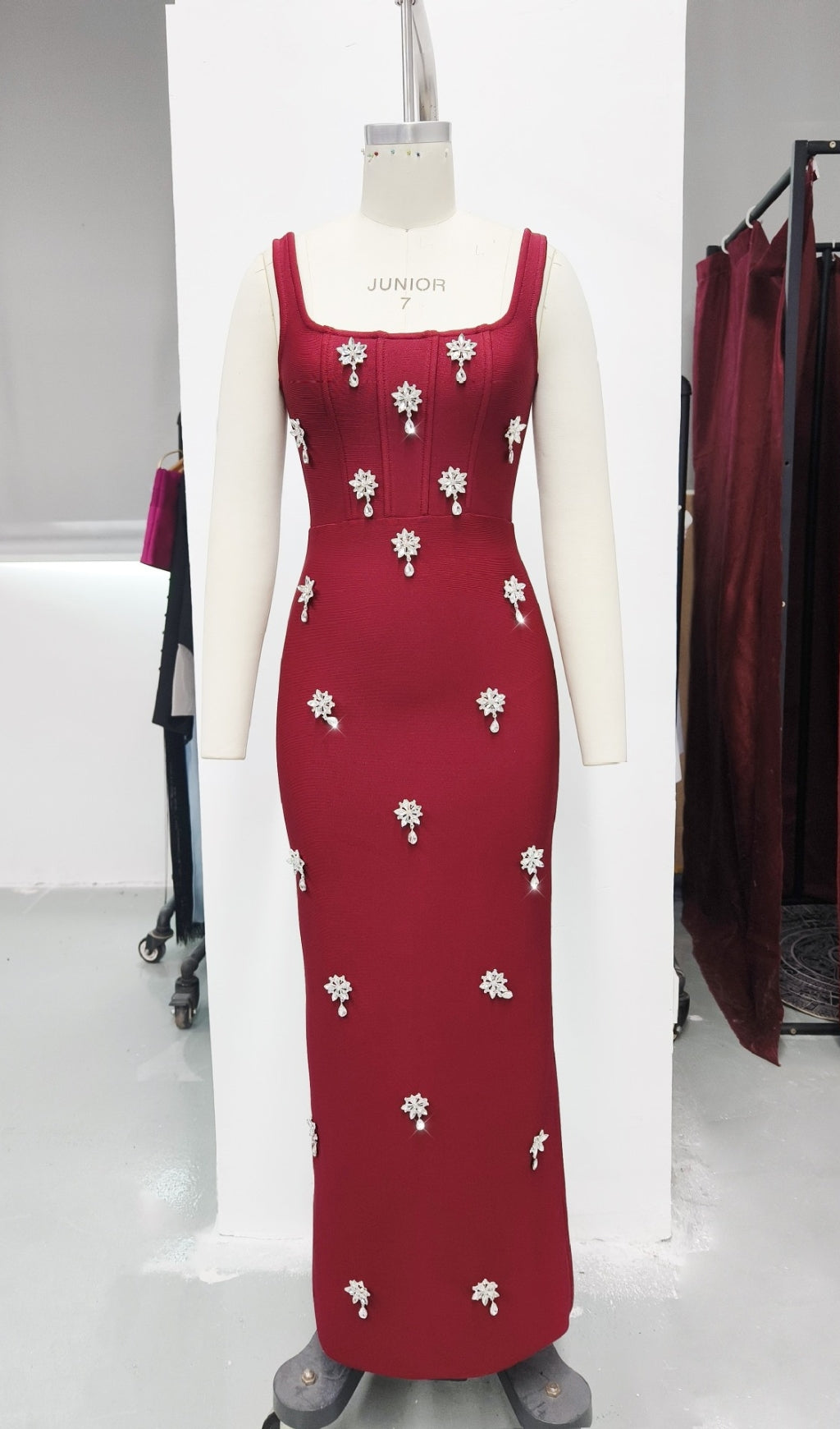 RED SLEEVELESS SQUARE NECK DIAMANTE BANDAGE MAXI DRESS