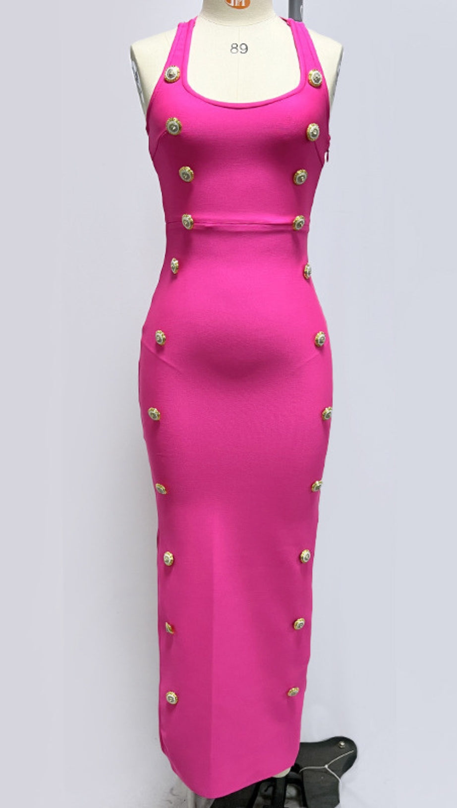 SQUARE - NECK BUTTON - EMBELLISHED MIDI DRESS IN PINK