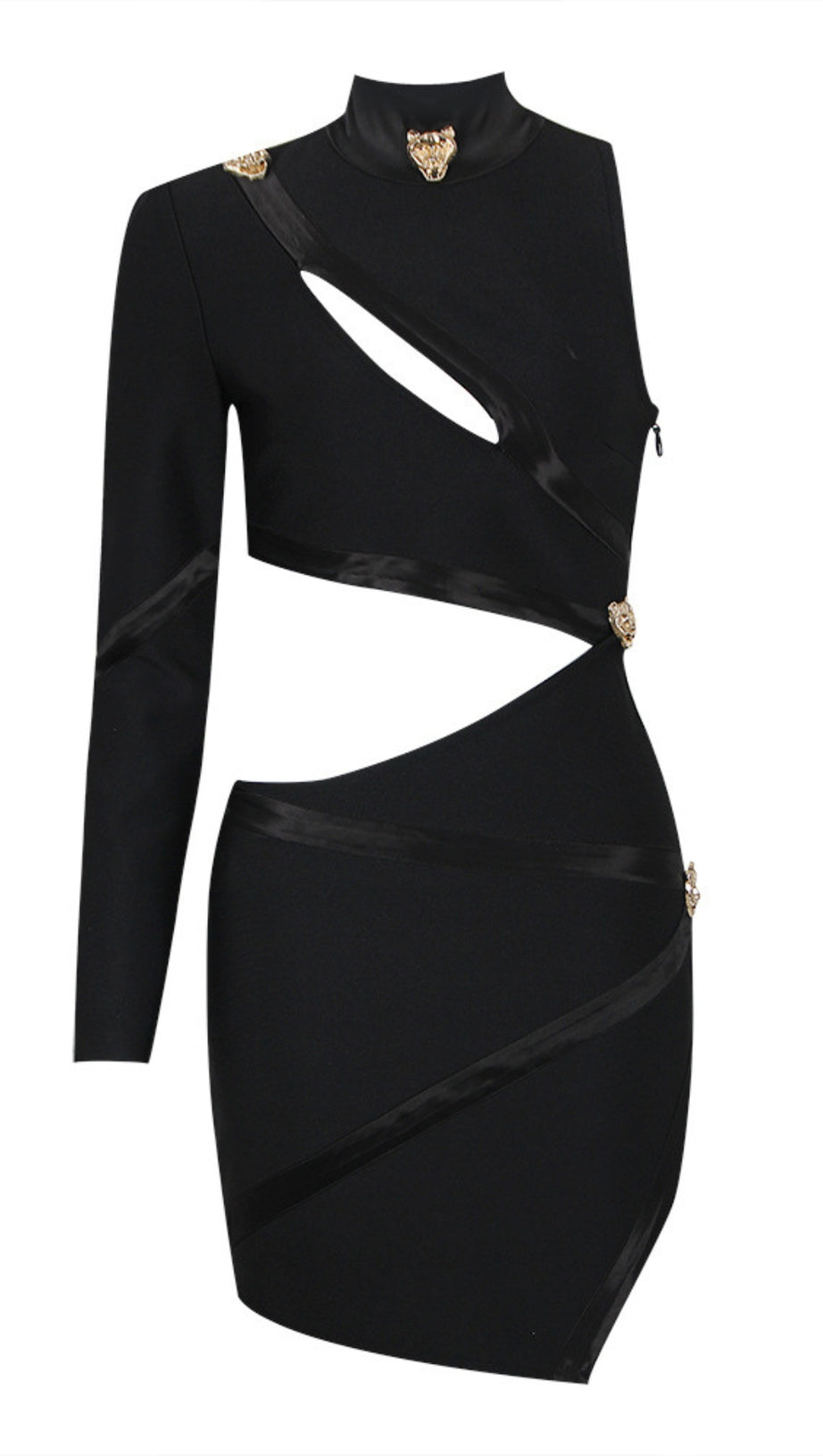 CUT - OUT GOLD - ACCENT ASYMMETRIC MINI DRESS IN  BLACK