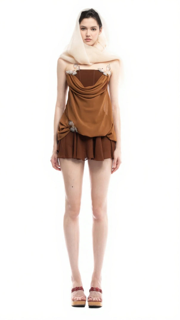 AIIZIE BROWN 3D BUTTERFLY FISHBONE TUNIC TOP MINI SKIRT SET - product image