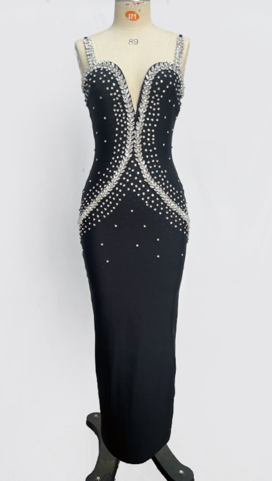 BLACK SPAGHETTI STRAP WHITE RHINESTONE MERMAID MIDI DRESS