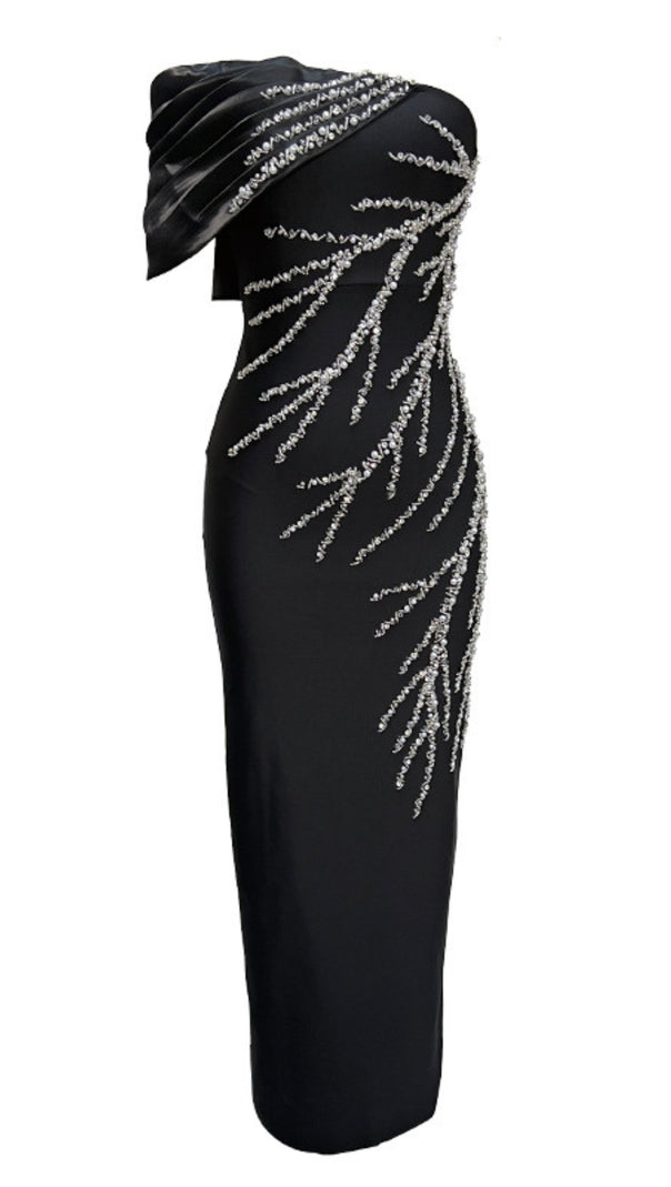 AIIZIE ONE SHOULDER RHINESTONE EMBELLISHED DRAPE GOWN IN BLACK - product image