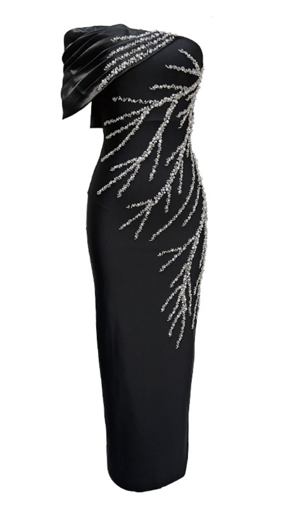 ONE SHOULDER RHINESTONE EMBELLISHED DRAPE GOWN IN BLACK