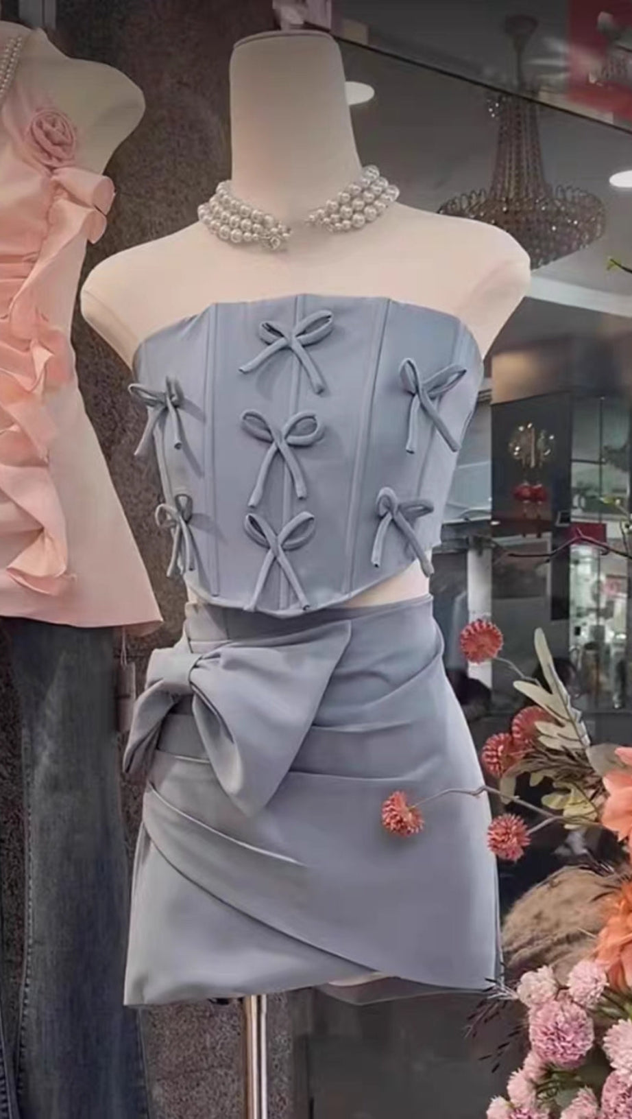 BOW EMBELLISHED TWO-PIECE SET IN BLUE