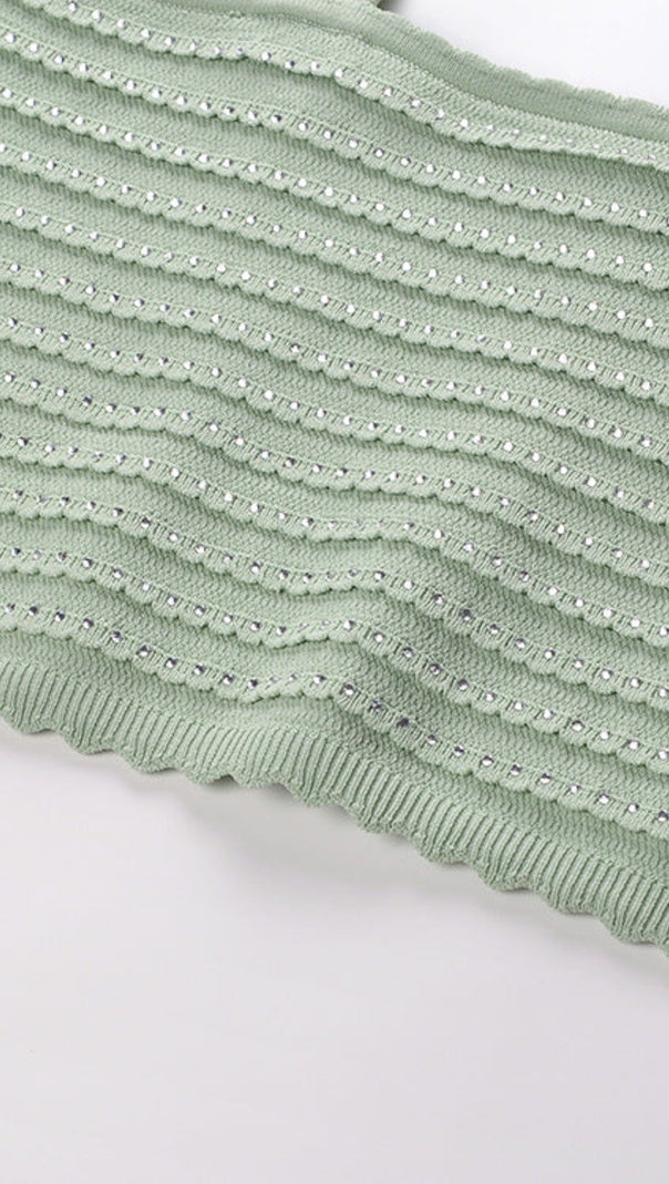 AIIZIE RHINESTONE TRIM KNIT CROP TOP IN ALMOND GREEN - product image