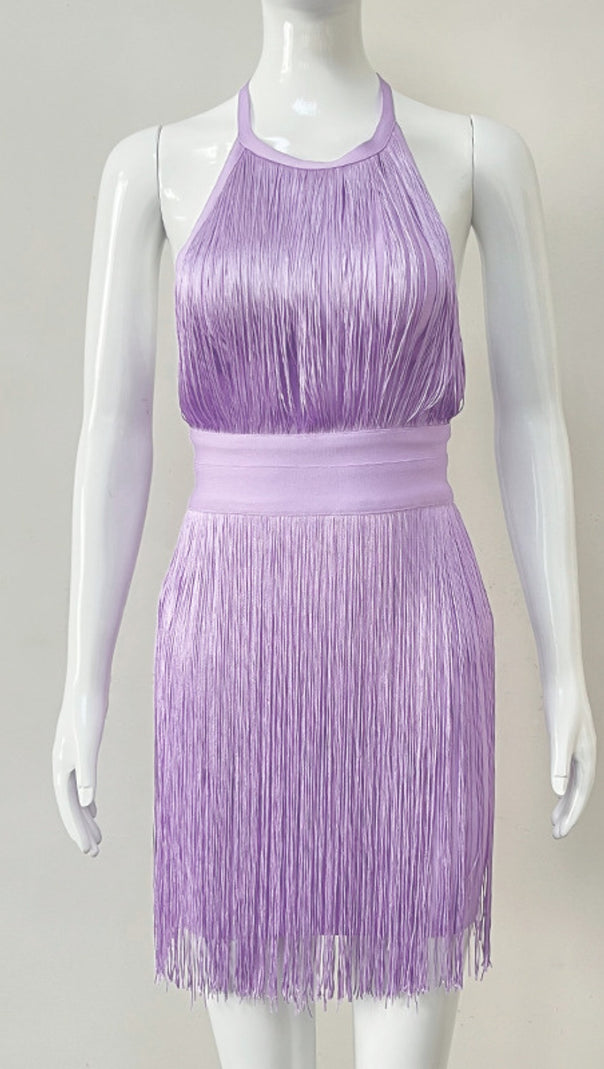 AIIZIE HALTER NECK FRINGE TRIM BANDAGE MINI DRESS IN LAVENDER - product image