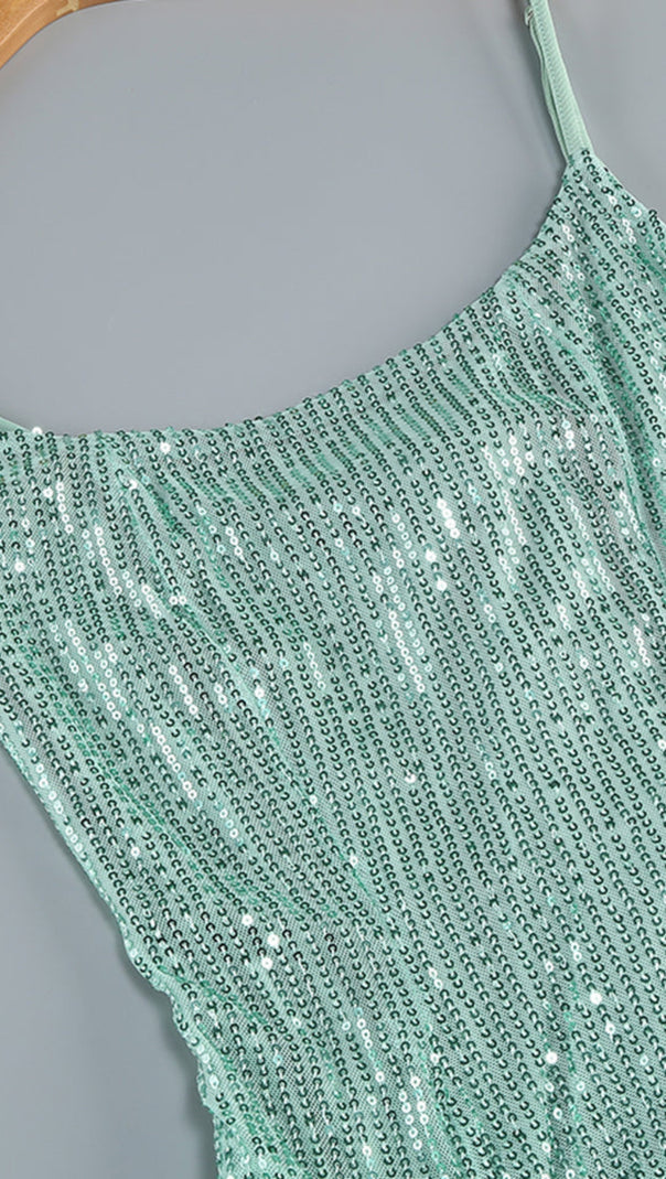 ABITO LUNGO CON SPACCO DRAPPEGGIATO E PAILLETTES