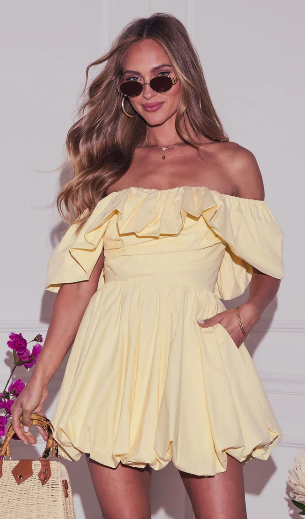 AIIZIE RUFFLE OFF-SHOULDER PUFFY MINI DRESS IN YELLOW - product image