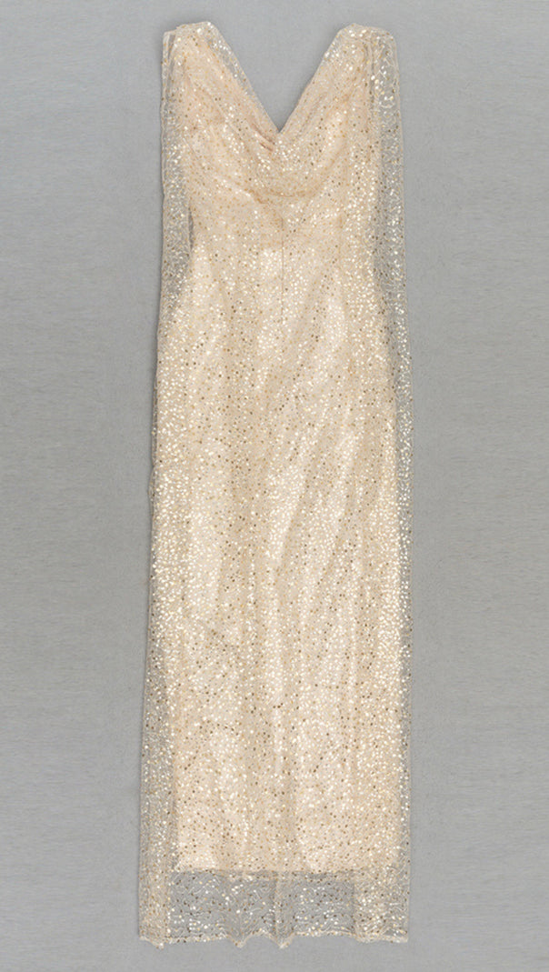 AIIZIE SEQUIN COWL - NECK CAPE - SLEEVE SLIT MAXI DRESS IN CHAMPAGNE - product image