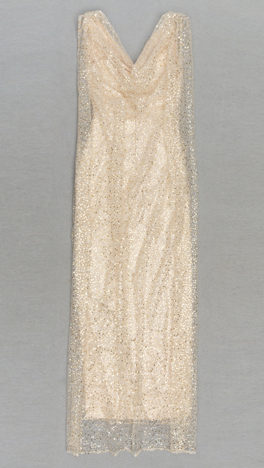 SEQUIN COWL - NECK CAPE - SLEEVE SLIT MAXI DRESS IN CHAMPAGNE