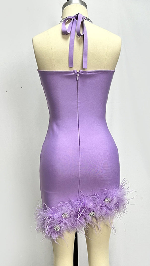AIIZIE HALTER NECK RHINESTONE CUTOUT FEATHER TRIM MINI DRESS IN LAVENDER - product image